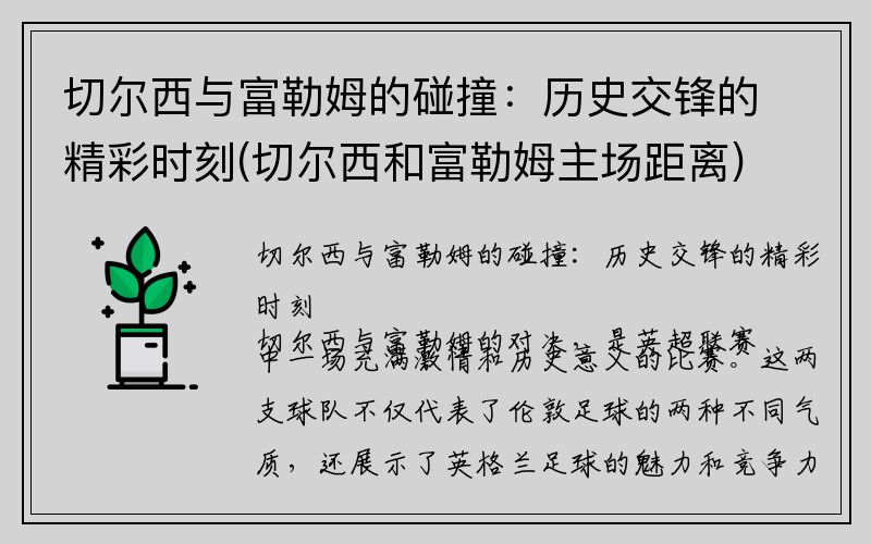 切尔西与富勒姆的碰撞：历史交锋的精彩时刻(切尔西和富勒姆主场距离)