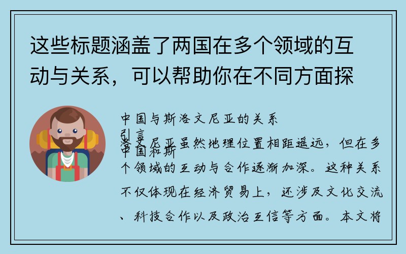 这些标题涵盖了两国在多个领域的互动与关系，可以帮助你在不同方面探讨中国和斯洛文尼亚的联系。