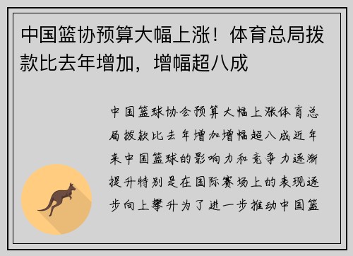 中国篮协预算大幅上涨！体育总局拨款比去年增加，增幅超八成